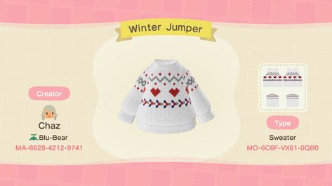 Animal Crossing Design Codes Sweater, Animal Crossing Jumper Design, Animal Crossing Snowflake Design, Animal Crossing Design Codes Clothes Winter, Acnh Winter Clothes Code, Animal Crossing Winter Outfits, Animal Crossing Winter, Christmas Acnh, Acnh Christmas