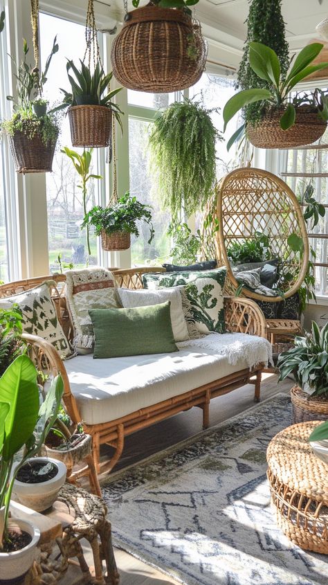 Escape into a Sagittarius' oasis 🌿✨ A vibrant indoor garden room filled with lush plants and hanging baskets. Discover the charm of natural wood furniture and global-inspired decor 🪑🌏 Perfect for those who wander and wonder, bringing the outdoors in! 🪴🏡 #IndoorGarden #BohoStyle Plant Rooms Bohemian, Room Full Of Plants, Global Inspired Decor, Indoor Garden Rooms, Lush Plants, Natural Wood Furniture, Room With Plants, Garden Room, Hanging Baskets