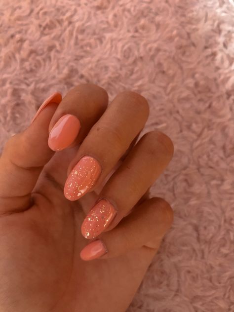 Sparkle Peach Nails, Peach Sparkly Nails, Peach Sparkle Nails, Peach Gold Nails, Peach Glitter Nails, Summer Nails Peach, Gold Sparkly Nails, Salmon Nails, Peachy Nails