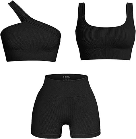 great quality workout set. cute one shoulder matching crop tank top set outfit Sport Bra And Shorts, Exercise Wear For Women, Workout Women Outfits, Exercise Clothes For Women, Exercise Bras, Workout Clothes Women, Casual Night Out Outfit, Exercise Outfits, Workout Sets For Women