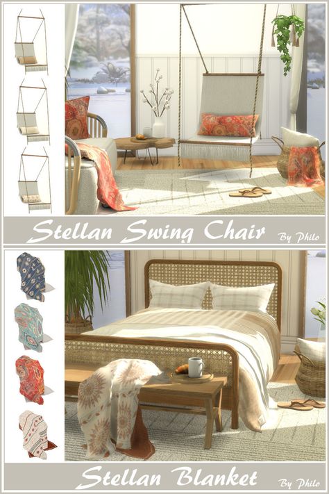 Sims 4 Hanging Chair, Sims 4 Boho Cc Furniture, Sims 4 Bohemian, Sims 4 Cc Chair, Sims 4 Boho Cc, Ts4 Bedroom, Cc Shopping, Macrame Chairs, Boho Blanket