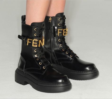 Fendi Combat Boots, Chic Boots, Fendi Logo, Biker Boots, 5 Inch Heels, Shoe Obsession, Lug Sole, Embossed Logo, Dr. Martens Boots