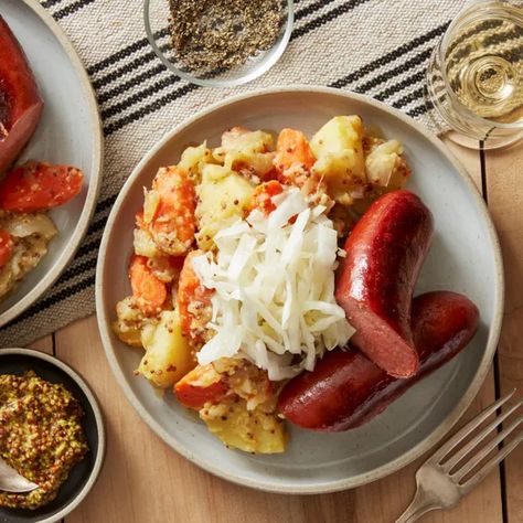 Knackwurst Recipe, Knockwurst Recipes, Sauerkraut Dinner, Sauerkraut Potatoes, Sausage Sandwich Recipes, Potatoes And Sausage, Whole Grain Mustard, Homemade Sauerkraut, Cooking Dried Beans