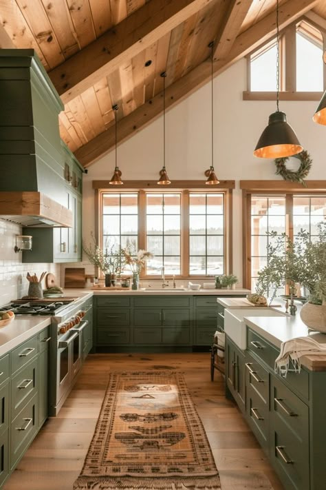 Log Cabin Kitchens Cabinets, Kitchens With Green Cabinets, Green And Wood Kitchen, Giant Greenhouse, Cabin Kitchen Cabinets, Emerald Green Kitchen, Barndo Kitchen, Butcher Block Countertops Kitchen, Ranch Kitchen