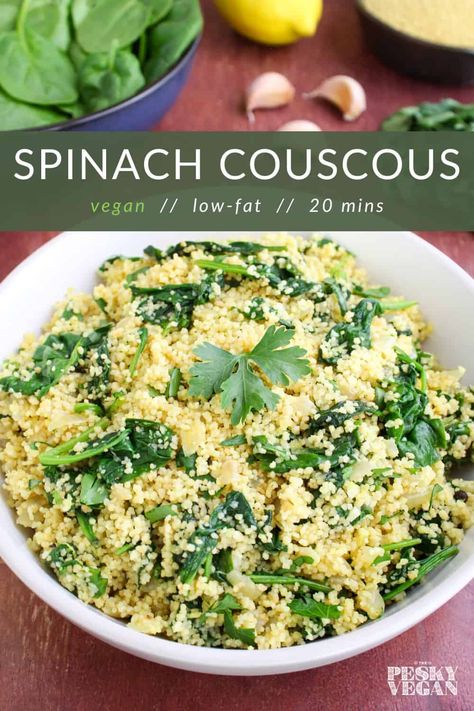 Spinach couscous with lemon and garlic is a quick and simple vegan side dish that's low-fat and ready in around 20 minutes. #vegan #veganside #couscous #couscousrecipe #spinachrecipe #healthyvegan Vegan Couscous Recipes, Spinach Couscous, Simple Couscous Recipes, Vegan Barbecue Recipes, Pearl Couscous Recipes, Couscous Healthy, Couscous Dishes, Vegan Bbq Recipes, Couscous Salad Recipes