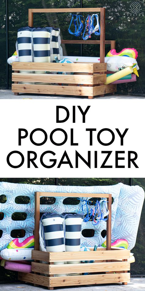 Diy Pool Toys, Pool Toy Organization, Pool Organization, Pool Float Storage, Pool Toy Storage, Toy Storage Bin, Pallet Pool, Pool Deck Decorations, Wooden Pool