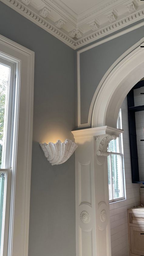 Plaster shell sconce to cover existing lights (lights fixtures are not included)  Beulah's Moldings specializes in producing beautiful made to order plaster pieces to add a touch of elegance and luxury to your home.  Our pieces are handmade with molding plaster reinforced with hemp fibers and are non-flammable.  Some of our pieces were originally hand-carved in our shop to accommodate specific measurements.  We can also work with you to create a custom design that fits your style. Tadelakt Plaster Bathroom, Plaster Molding, Wall Plastering Design, Victorian Beach House, Bathroom Window Coverings, Plaster Mouldings, Plaster Wall Lights, Modern Victorian, Decorative Mouldings