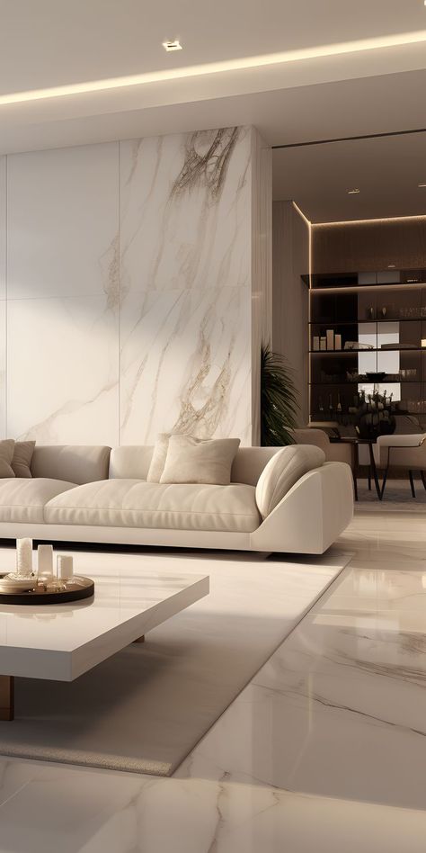 White Marble Living Room Floor, White Marble Flooring Design Living Room, White Marble Floor Living Room, Modern Living Room Ideas Luxury, White Marble Living Room, Marble Floor Living Room, Interior Pillars, Marble Interior Design, Marble Bedroom