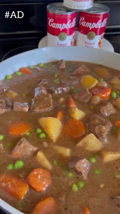 Beef Stew With Cream Of Mushroom Soup, Cozy Creamy Beef Stew With Campbells Recipe, Cozy Creamy Beef Stew With Campbells, Beef Stew With Campbells Soup, Campbells Beef Stew, Campbells French Onion Soup, Creamy Beef Stew, Onion Soup Potatoes, Soup Cozy