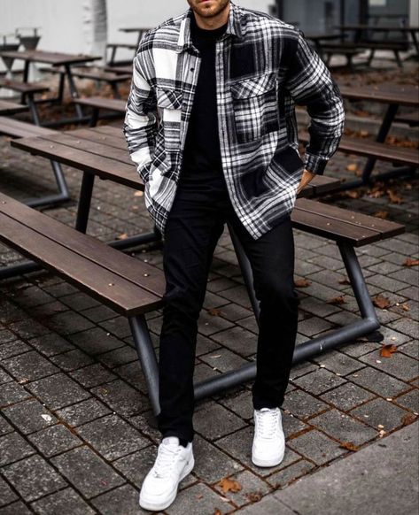 Black And Gray Flannel Outfit Men, How To Style Flannel Men, Denim Jacket Men Outfit Street Style, Af 1 Outfit Men, Black And White Flannel Outfit Men, Men’s Shacket, Men Flannel Outfits Street Styles, Flannel Shirt Outfits Men, Black And White Mens Outfit