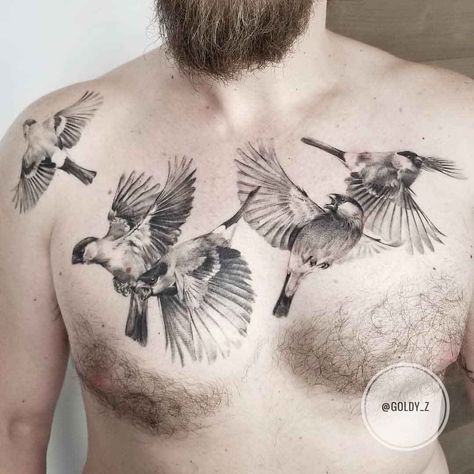 Front Piece Tattoo, Bird Tattoo Arm, Chest Tattoo Birds, Center Tattoo, Black And Grey Traditional, Mystery Tattoo, Chest Tattoo Quotes, Palm Size Tattoos, Geometric Tattoo Bird