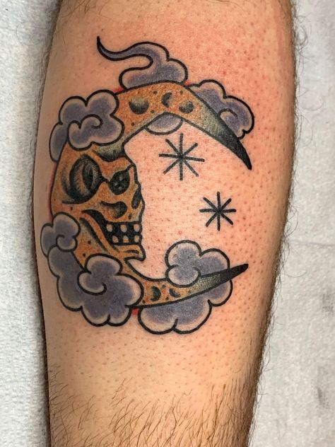 Skull/Moon tattoo done by Travis Bedwell at Bubba's Family Tattoo Parlor San Marcos TX #tattoos #tattoo #beauty Skull Moon Tattoo Traditional, Moon Tattoo Trad, Superstition Tattoo, Trad Skull Tattoo, American Traditional Moon Tattoo, Skull Moon Tattoo, Moon Tattoo Traditional, Moon Traditional Tattoo, Moon Flash Tattoo