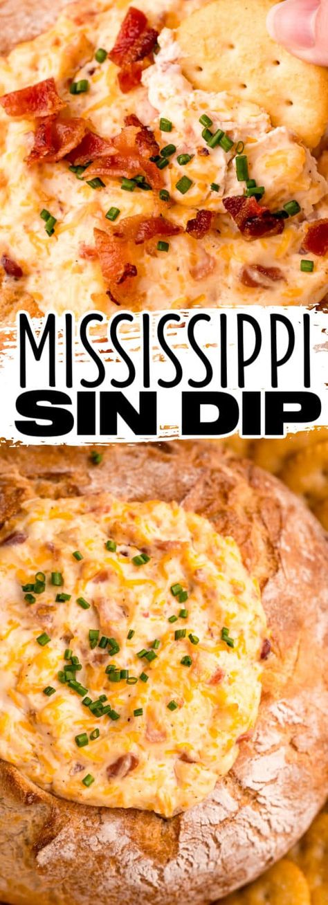 Mississippi Sin Dip is an addictive tailgating favorite full of creamy, cheesy goodness and lots of bacon in a bread bowl! #BreadBoozeBacon #mississippisin #diprecipe #appetizer #cheese #bacon #hotsauce #footballfood #tailgating Southern Dips, Mississippi Sin Dip, Sin Dip, Pizza Flatbread, Tasty Appetizers, Bread Booze Bacon, Dip Recipes Appetizers, Caprese Salad Recipe, Delicious Dips Recipes