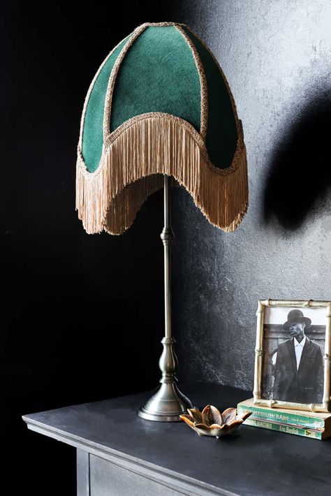 Take inspiration from the vintage designs of the past with the Winifred Green Velvet Fringe Table Lamp, perfect for boho bedrooms and living spaces. Fringe Lamps, Fringe Table, Unique Lights, Velvet Lampshade, Boho Bedrooms, Interior Tips, Green Table Lamp, Velvet Fringe, Disco Club