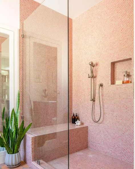 50  Walk-In Showers With Benches: Your Guide to a Spa-Like Bathroom Colorful Shower Tile, Showers With Benches, Shower Bench Ideas, Walk In Shower With Bench, Blue Shower Tile, Small Ensuite, Glass Shower Wall, Bathroom Seat, Walk In Showers