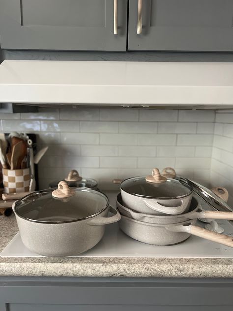 Carote 16 piece Amazon cookware set for $119. Love the color (beige granite) and it’s speckled. Cookware, cooking set, cookware set, cooking set, pots and pans, nonstick cookware, Amazon finds, Amazon sale, kitchen must haves Follow my shop @roobowser on the @shop.LTK app to shop this post and get my exclusive app-only content! #liketkit #LTKGiftGuide #LTKhome #LTKsalealert @shop.ltk https://liketk.it/4lxZw Cream Pots And Pans, Neutral Pots And Pans, Neutral Kitchen Decor Ideas, Pots And Pans Aesthetic, Kitchen Pots And Pans, Beige Granite, Furniture Aesthetic, Vision Goals, Kitchen Pots