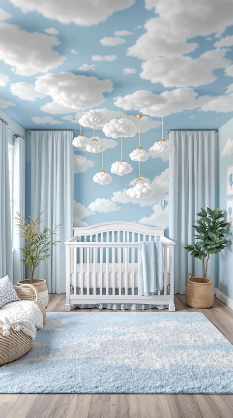 Nursery Room Ideas Cloud Baby Room, Sky Themed Nursery, Cloud Themed Nursery, Nursery Room Ideas, Small Room Nursery, Sky Nursery, Nordic Nursery, Small Nursery, Dreamy Space