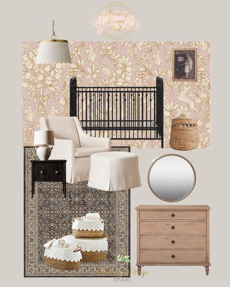 Vintage Look Nursery, Floral Nursery Decor Ideas, Nursery Board Ideas, Vintage Modern Nursery, French Inspired Nursery, Black Crib Nursery, Nursery Styling, Romantic Nursery, Vintage Floral Nursery