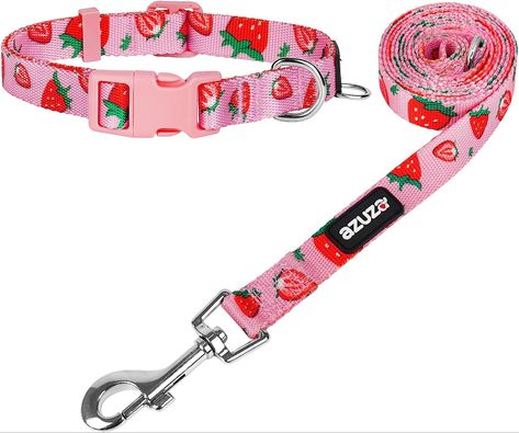 azuza Dog Collar and Leash Set, Cute Strawberry Patterns on Pink Nylon Collar and Matching Leash, Great Option for Extra Small Dogs Strawberry Bush, Dog Collar And Leash, Strawberry Pattern, Cute Strawberry, Pet Care Tips, Fruit Design, Girl And Dog, How To Make Light, Medium Dogs