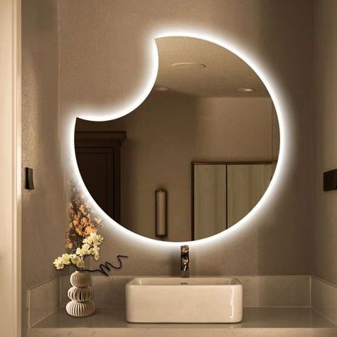 LED Bathroom Mirror Moon Shape Wall-Mounted Vanity Mirror Moon Shaped Mirror, Entryway Farmhouse, Bathroom Mirror Design, Stained Glass Chandelier, Stained Glass Table Lamps, Bathroom Wall Mirror, Bathroom Faucets Waterfall, Stained Glass Light, Led Bathroom Mirror