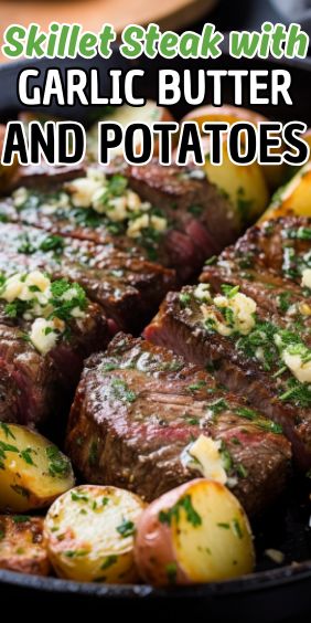 Easy Skillet Steak with Garlic Butter and Potatoes Steak With Garlic Butter, Butter Steak And Potatoes, Boneless Ribeye Steak, Golden Potatoes, Steak And Potatoes, Skillet Steak, Baked Steak, Butter Steak, Grandma Cooking