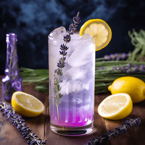 Ingredients: Gin:2 oz · Lemon Juice:1 oz · Lavender Syrup:1 oz · Soda Water:To top · Lemon Wheel and Lavender Sprig:For garnish Classic Lemonade Recipe, Lavender Lemonade Recipe, Purple Lemonade, Lavender Drink, Lavender Martini, Spiked Lemonade, Lavender Cocktail, Fun Summer Drinks, Lavender Recipes