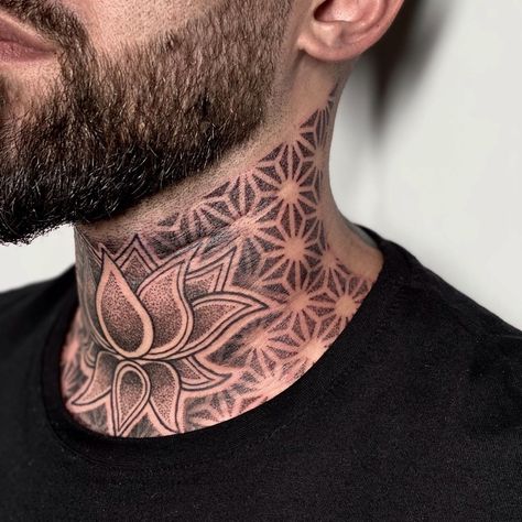 Neck Tattoo For Guys Mandala, Front Next Tattoo Men, Men’s Front Neck Tattoos, Mens Front Neck Tattoos, Geometrical Neck Tattoo, Mandela Neck Tattoo Men, Front Of Neck Tattoo Men, Nek Tattoo Men, Mandala Throat Tattoo Men