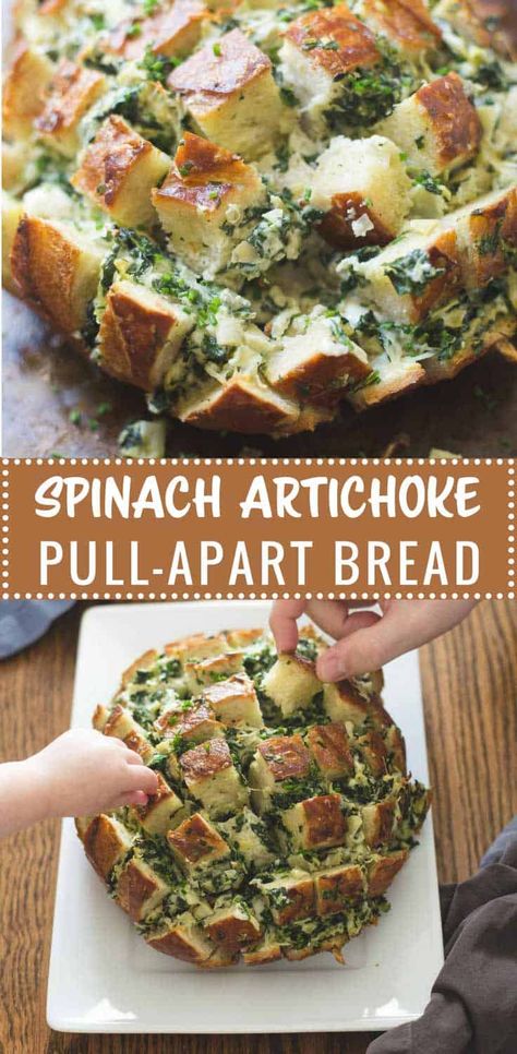 Spinach Artichoke Pull Apart Bread, Spinach Dip Bread Bowl, Baked Spinach Dip, Artichoke Bread, Spinach Bread, Spinach And Artichoke Dip, Appetizer Sandwiches, Healthy Vegetable Recipes, Artichoke Recipes