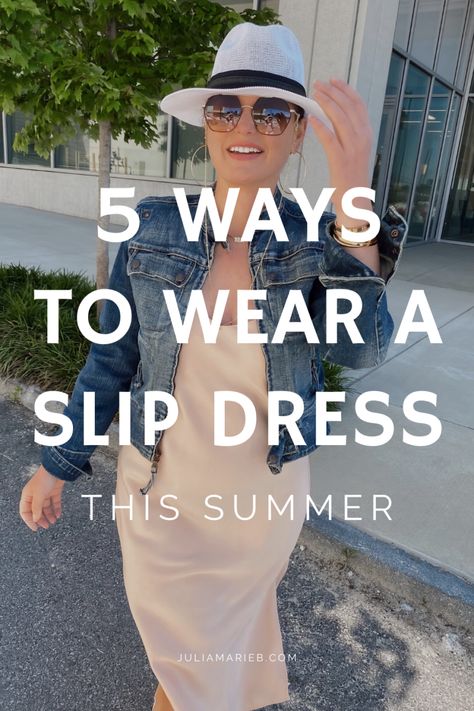 5 WAYS TO WEAR A SLIP DRESS FOR SUMMER | THE RULE OF 5 Slip Dress Jean Jacket, Layer Spaghetti Strap Dress, Layering Spaghetti Strap Dress, Spaghetti Strap Black Dress Outfit, How To Wear A Tank Dress, Styling A Spaghetti Strap Dress, Styling A Tank Dress, What To Wear Over Spaghetti Strap Dress, How To Style A Tank Dress