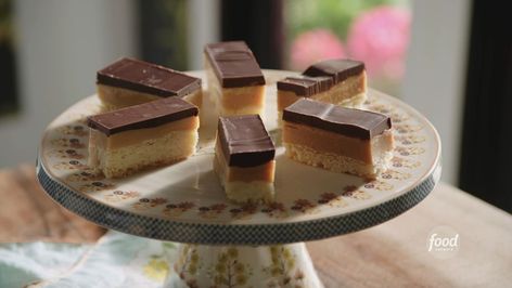 Millionaire Bars Recipe, Food Network Valerie Bertinelli, Millionaire Bars, Homemade Candy Bars, Gooey Caramel, Valerie Bertinelli, Bar Recipe, Salted Chocolate, Bars Recipe