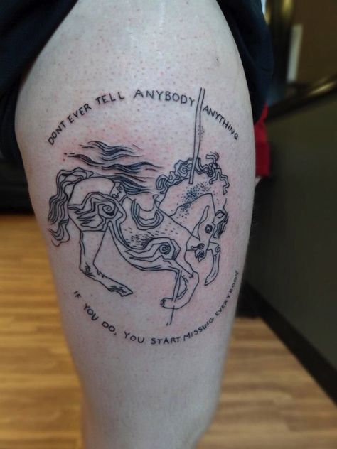 The Catcher in the Rye tattoo. Carousel Horse Tattoos, Carousel Tattoo, Literary Tattoos, Unicorn Tattoos, Traditional Tattoo Sleeve, Catcher In The Rye, B Tattoo, Horse Tattoo, Skin Art