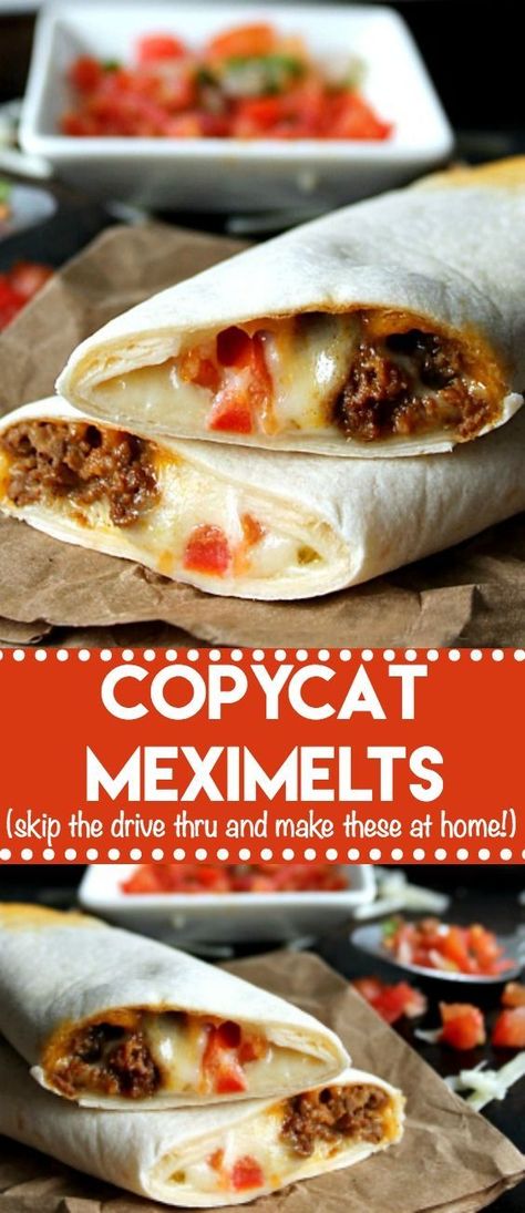 Copycat Meximelts are a drive thru favorite you can make at home! Melty cheese, flavorful beef and pico make these a family favorite! #copycat #tacobell #meximelt #copycattacobell #beefdinner #easydinner #groundbeef #tacos Mexikansk Mat, Crockpot Recipes Beef Stew, Diner Recept, Queso Dip, Good Eat, Think Food, Beef Recipes Easy, Cat Recipes, Beef Recipes For Dinner