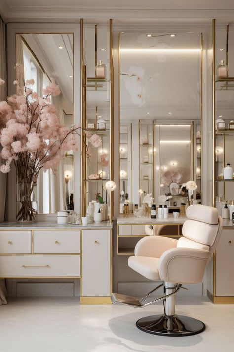 Luxury Closet With Makeup Vanity, Makeup Vanity Fancy, Luxury Makeup Vanity Powder Room, Makeup Vanity Modern Luxury, Luxury Makeup Studio Interior Design, Vanity Collections, Mirrors Design, Makeup Tables, Hair Stations