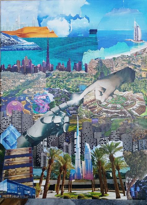 Collage dubai innovation painting Dubai Collage, Festival Pics, City Collage, Dubai Art, Futurism Art, Travel Journal Scrapbook, الفن الرقمي, Insta Highlights, Collage Kunst