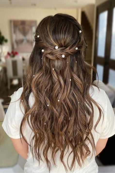 I can’t resist sharing more examples of half up half down hairstyles with added embellishments because they are truly stunning. After the bow, there are pearls.

I leave it completely up to you to decide how many pearls it will be.//photocredit:@beautifullyredeemedd Bridal Hair With Pearls Down, Half Up Half Down Bridal Hair Brunette, Bridesmaid Hairdo Half Up, Hair With Pearls In It, Wedding Hairstyles With Pearls, Half Up Half Down Wavy Hair, Boho Half Up Half Down Hairstyles, Bridal Half Up Half Down Hair, Pearl Hairstyles