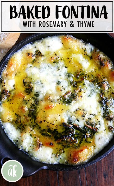 The Barefoot Contessa's Baked Fontina with Rosemary and Thyme: To die for! This appetizer is super easy to put together and a guaranteed crowd pleaser. When served to company, not a morsel of ever remains. Serve with bread or crackers. #bakedfontina #fontina #appetizer #cheese #castiron #inagarten #barefootcontessa