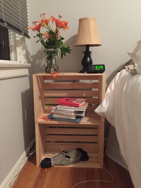 Two wooden crates stacked on top of each to make a night stand. $11.95 each from Home Depot! Wood Crate Bedside Table, Wooden Crate Nightstand, Crate Nightstand Diy, Crate Bedside Table, Wooden Crates Nightstand, Book Crate, Classic Home Design, Bedroom Makeover Before And After, Crate Nightstand