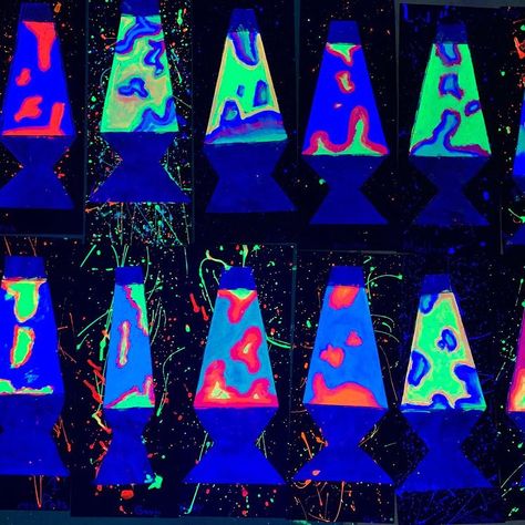 Glow In The Dark Elementary Art, Neon Art Lesson, Lava Lamp Art Lesson, Glow In The Dark Art For Kids, Neon Art Projects Elementary, Blacklight Art Projects, Lava Lamp Art Project, Glow Art Projects, Neon Art Projects For Kids