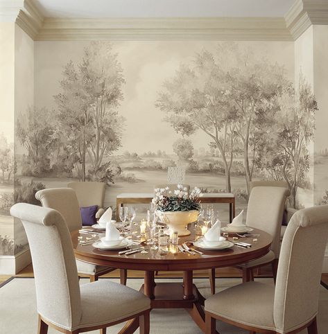 Our Cotswold Earth muralpaper in an elegant dining room. These landscape murals are painted by me, and they get customized for each clients' room by my creative team. They are then printed on museum quality wallpaper. -Susan Harter Susan Harter, Dining Room Murals, Compact Kitchens, Dining Room Table And Chairs, Transitional Dining Room, Dining Room Wallpaper, Scenic Wallpaper, Antique Modern, Transitional Living Rooms