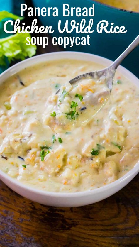 Panera Bread Chicken Wild Rice Soup Copycat is the easy homemade version of the chain's comforting, hearty and creamy soup. Copycat Soup, Bread Chicken, Wild Rice Soup Recipes, Chicken Wild Rice, Chicken Wild Rice Soup, Creamy Chicken And Rice, Rice Soup Recipes, Chicken Rice Soup, Soup Chicken