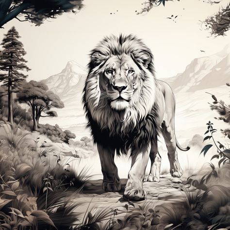 Imagine coming face to face with this powerful animal with no ill intent. Just a moment between you and this magnificent creature. If you would like this drawing to be on sustainable a poster or clothing, let us know below 👇 Lion Laying Down Tattoo, Lion Lying Down Drawing, Lion Black And White Drawing, Lion Roaring Drawing Sketch, Mountain Lion Sketch, Lion Walking, Big Cat Tattoo, Lion Art Tattoo, Tiger Images