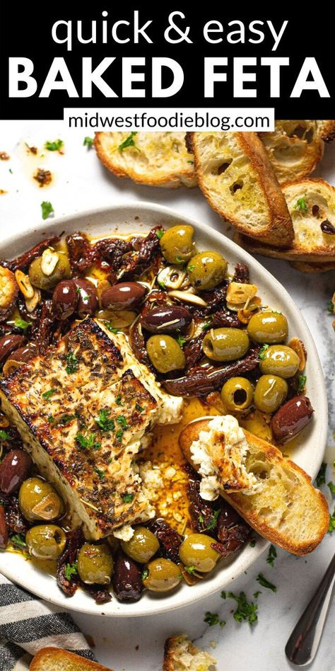 This Baked Feta Appetizer comes together in just minutes with only a handful of ingredients – olives, sun-dried tomatoes, fresh garlic, olive oil, and dried herbs. Bake it all together with a block of feta cheese until it’s warm and creamy then serve with crispy crostini! Baked Feta Appetizer, Baked Feta With Olives, Crispy Crostini, Feta With Olives, Feta Appetizer, Baked Feta Recipe, Feta Recipe, Homemade Jerky, Baked Feta