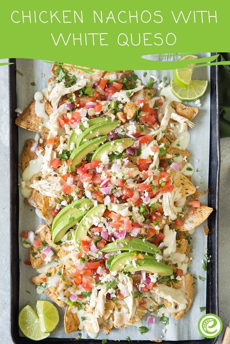 Chicken Nachos with White Queso | eMeals.com White Cheese Nachos, White Queso Nachos, Chicken Nachos With White Queso, White Chicken Nachos, Nachos Recipe With Queso, Chicken Nachos With Queso, White Queso Chicken, White Nachos, Mexican Chicken Nachos