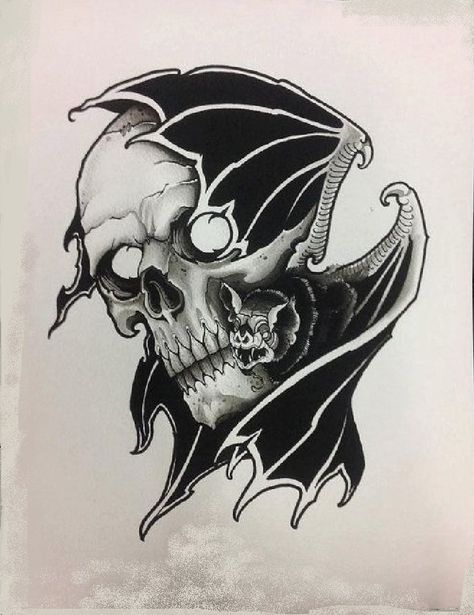 Bat Skull Tattoo, Bats Tattoo Design, Bat Skull, Reaper Tattoo, Bat Tattoo, Skull Art Drawing, Geniale Tattoos, Dark Art Tattoo, Skull Tattoo Design