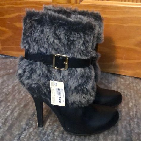 These Black Heels With Fur Have Never Been Worn With Tags Still On It! High Heel Boots With Fur, Y2k Fur Boots, Fur Boots Heels, Heels With Fur, Dream Dresser, Jordan Heels, Black Heeled Ankle Boots, Boots With Fur, Elastic Boots