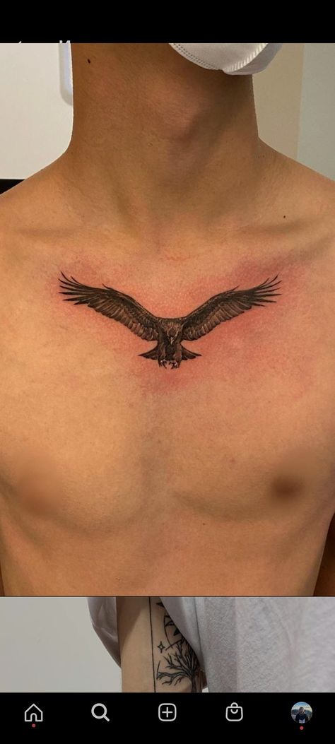 Bird Spreading Wings Tattoo, Eagle Bird Tattoo, Hawk Neck Tattoo, Bird On Chest Tattoo, Bird Chest Tattoo Men, Ilia Topuria Tattoo, Hawk Wing Tattoo, Roman Eagle Tattoo, Simple Neck Tattoo Men