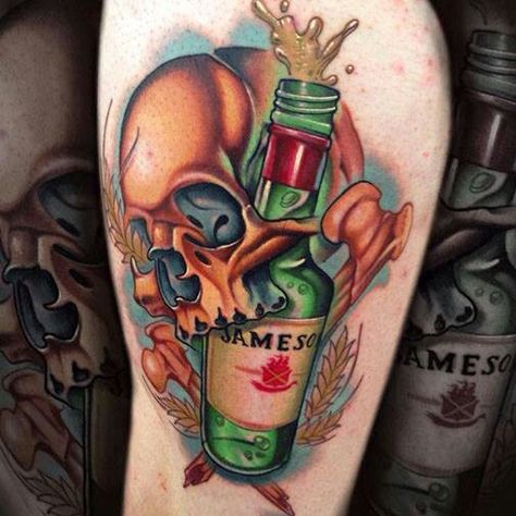 Skull engulfing Jameson liquor bottle tattoo Make Tattoos, Father Daughter Tattoos, Tattoo Process, Food Tattoos, Bottle Tattoo, Tattoos Skull, Make Tattoo, Stomach Tattoos, Inked Magazine