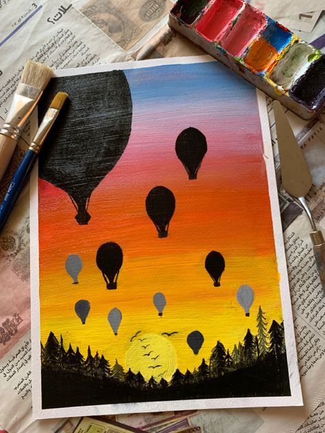 Silhouette Acrylic Painting, Painting Stuff, Paint Acrylic, Hot Air Balloons, Sunset Painting, Air Balloons, Negative Space, Acrylic Colors, Hot Air Balloon