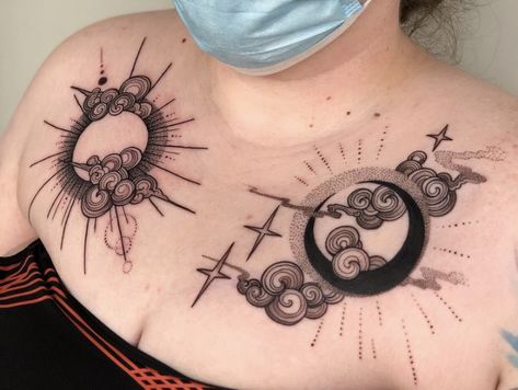 Moon Arm Band Tattoo, Sun And Moon Chest Tattoo, Moon Chest Tattoo, Female Chest Tattoo, Tattoo Sun And Moon, Armpit Tattoo, Woodcut Tattoo, Chest Tattoos For Women, Sun Tattoos