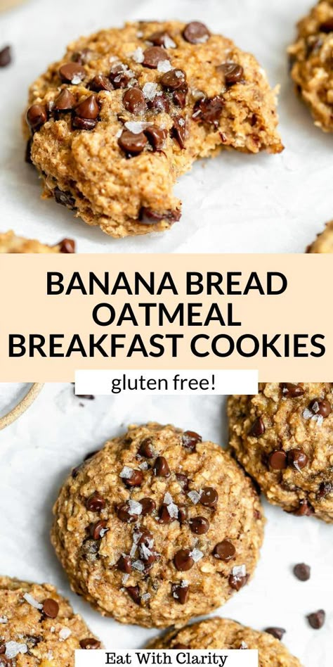 Cookies for breakfast can be a real thing with this recipe! These banana bread breakfast cookies are easy to make, healthy, and perfect for kids. They're gluten free, can easily be made vegan and a healthy on the go breakfast cookie recipe. Studded with chocolate chips for a sweet but healthy treat! #breakfastcookies #bananabreadcookies Banana Oatmeal Breakfast Cookies, Healthy On The Go Breakfast, Banana Bread Breakfast, Banana Bread Oatmeal, Banana Breakfast Cookie, Cookies For Breakfast, Breakfast Cookie, On The Go Breakfast, Oatmeal Breakfast Cookies